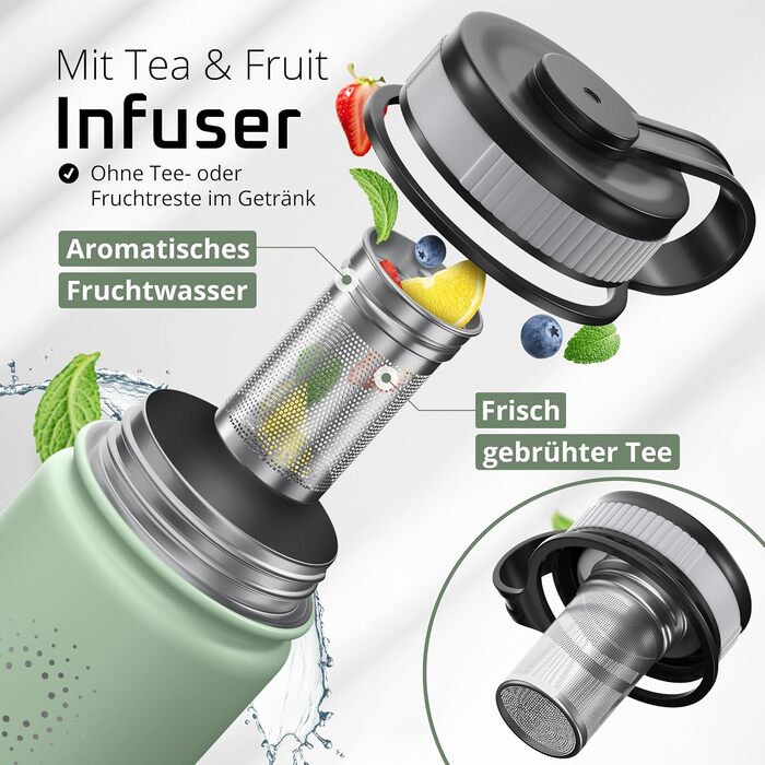 Фляга ACTIVE FLASK з нержавіючої сталі з трубочкою (3 кришки), BPA-free, не протікає, підходить для газованої води - спортивна пляшка, термопляшка, ізотермос, фляга для дітей, чай (680 мл, Sage)