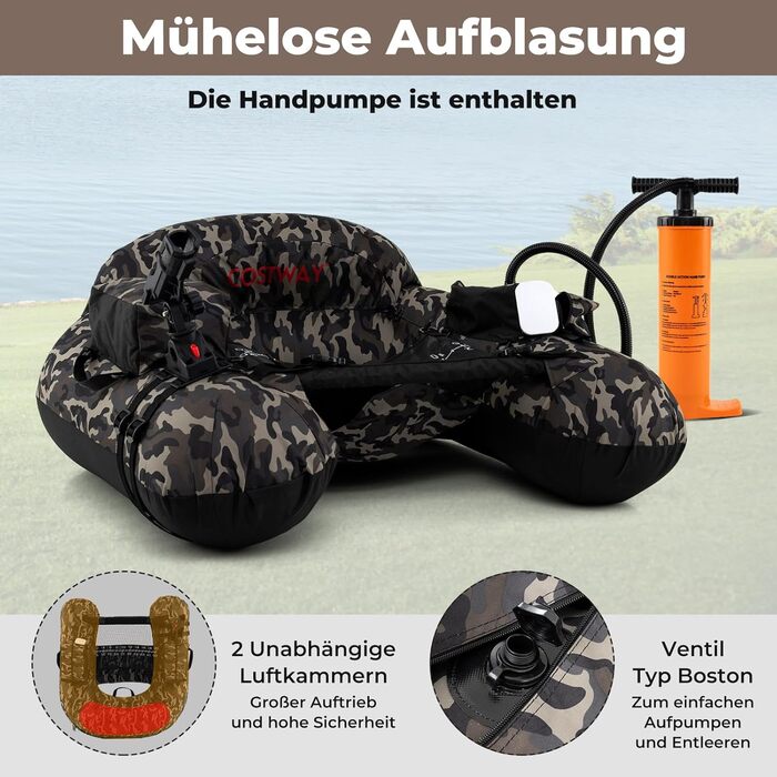 Надувний човен GYMAX для риболовлі з насосом, веслами, ластами та тримачами для вудлищ, belly boat з сіткою для риби та столиком для приманок, вантажопідйомність до 150 кг, камуфляж