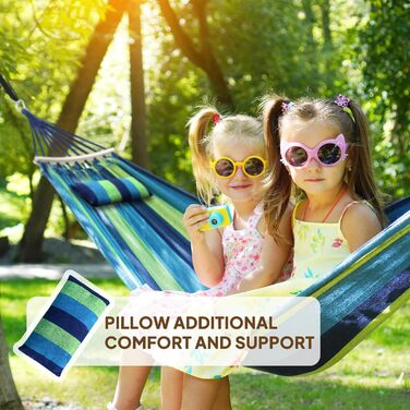 Гніозда-гамак з бавовни Chihee: великий, м'який, дихаючий, для кемпінгу. Максимальне навантаження 300 кг. Знімний підголівник, 2 міцні ремені, карабіни. Розмір 270x150 см. Кольори: блакитний/зелений в смужку