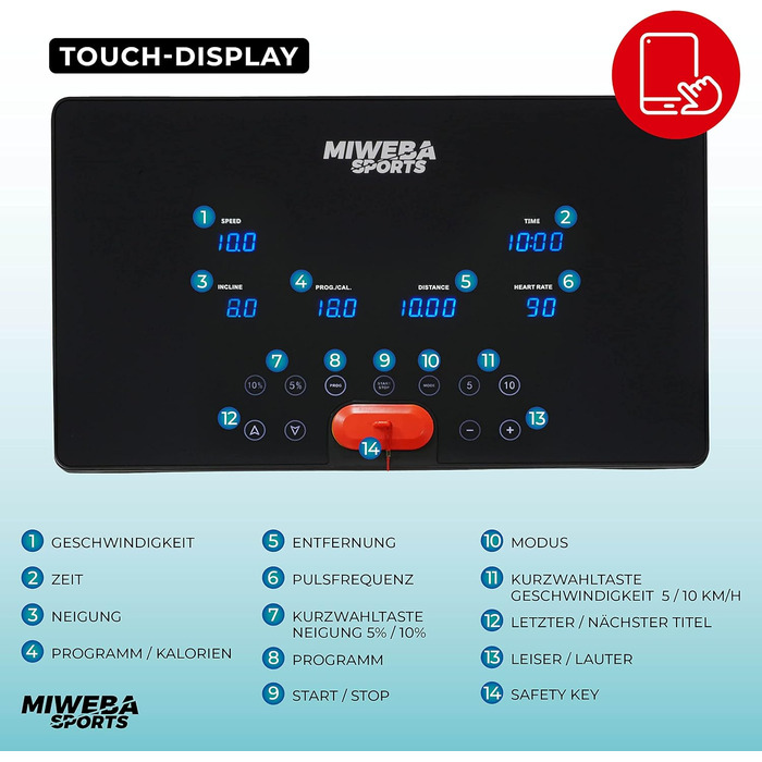 Електрична бігова доріжка Miweba Sports HT3000, 3,5 к.с., 16 км/год, нахил до 15%, навантаження 120 кг, з додатком, складана, велика бігова поверхня, 12 програм, для дому