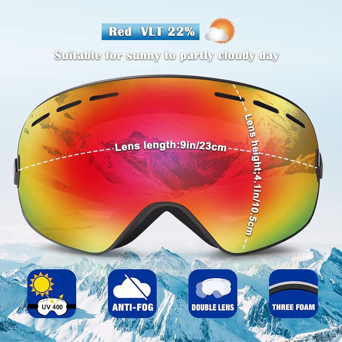 EXP VISION Сноубордичні та лижні окуляри для чоловіків і жінок, UV400, антифог, зимові окуляри поверх окулярів із сферичною змінною лінзою