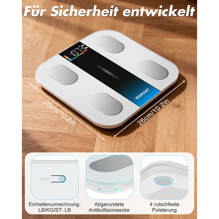 Ваги підлогові InSmart інтелектуальні з Bluetooth, аналізатор складу тіла (16 параметрів), BMI, відсоток жиру, синхронізація з додатком, білі, до 180 кг