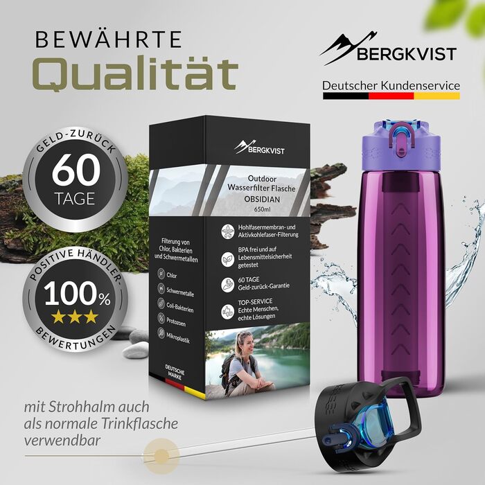 Фільтрована пляшка для води BERGKVIST OBSIDIAN 650 мл з компасом, рожева – туристична фляга з фільтром для очищення питної води, для кемпінгу, виживання, подорожей