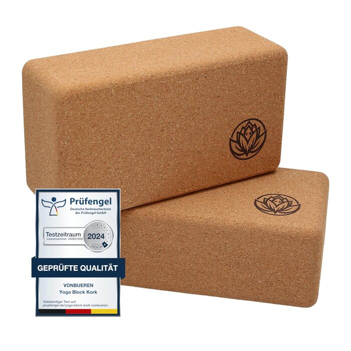 Набір коркових блоків для йоги VonBueren (2 шт.), 22 x 12 x 7,5 см, коричневі — аксесуари для хатха-йоги, стрітчингу та пілатеса для жінок та чоловіків