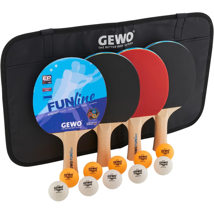 Набір для настільного тенісу GEWO Fun – одиночні або комплекти (1-4 ракетки, м'ячі, сумка, сітка) – для початківців, хобі та відпочинку – гума Noppen, конвексна ручка. 4 ракетки + 10 м'ячів + сумка
