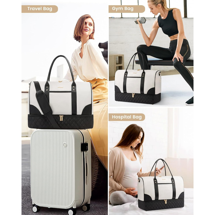 Сумка-мішок LOVEVOOK для жінок: дорожня, спортивна, з відділенням для взуття та мокрих речей, 2 шт. (35л, бежевий/чорний)