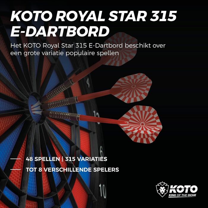 Електронна дартс-мішень KOTO Royal Star 315 з 6 м'якими дротиками, 48 ігор і 315 варіацій
