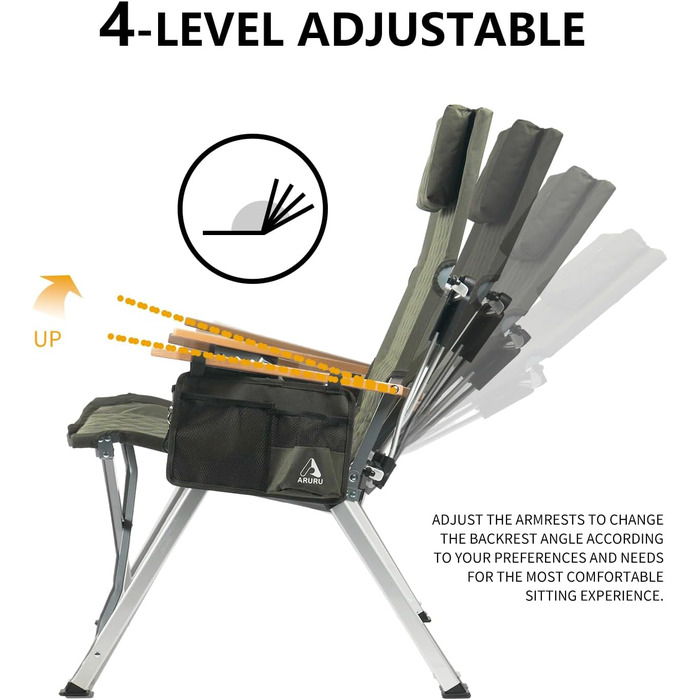 Крісло для кемпінгу складне, з високою спинкою, регульована спинка в 4 положеннях, до 150 кг, для саду, риболовлі, відпочинку на природі (зелене)