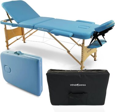 Мобільна масажна ліжка VENDOMNIA з дерев'яними ніжками, 3 зони, регулювання висоти, включаючи високоякісну підголівник, сумка, підлокітники, вибір кольору, складана, масажний стіл, масажне ліжко, ліжко для процедур, 3 зони, дерев'яний каркас, світло-блаки