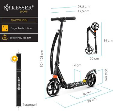 Самокат KESSER Cityroller Pro-S, колеса 205 мм, PU, складаний, з амортизацією, регулювання висоти, для дорослих і дітей