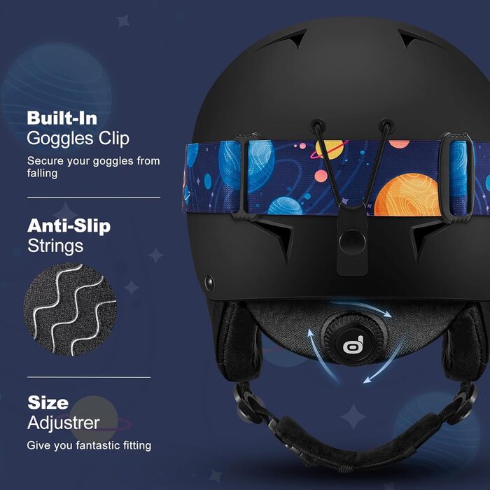 Дитячий гірськолижний шолом та маска Odoland, гірськолижний шолом для хлопчиків та дівчаток, регульований, чорний, з дизайном ракети (54-56 см)