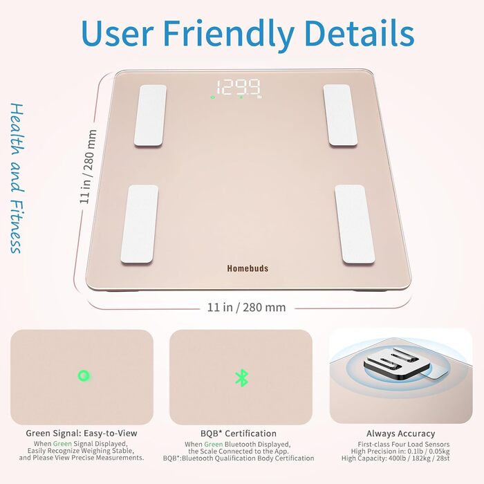 Інтелектуальна вага для тіла Homebud з LED-дисплеєм, рожеве золото, 182 кг, точність 0,05 кг, 13 показників тілобудови, синхронізація з додатком