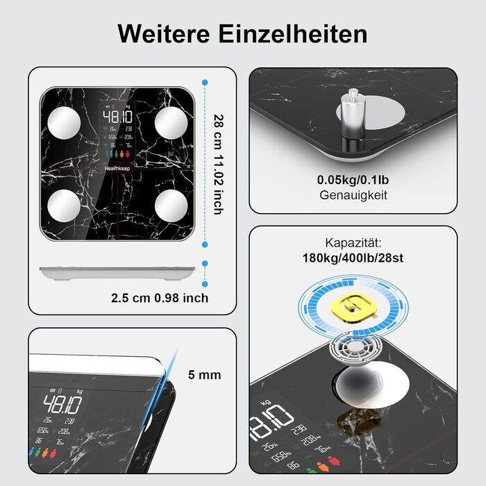 Вага тіла з аналізом складу тіла, персональна вага, Smart вага з APP, великий дисплей, чорний мармур