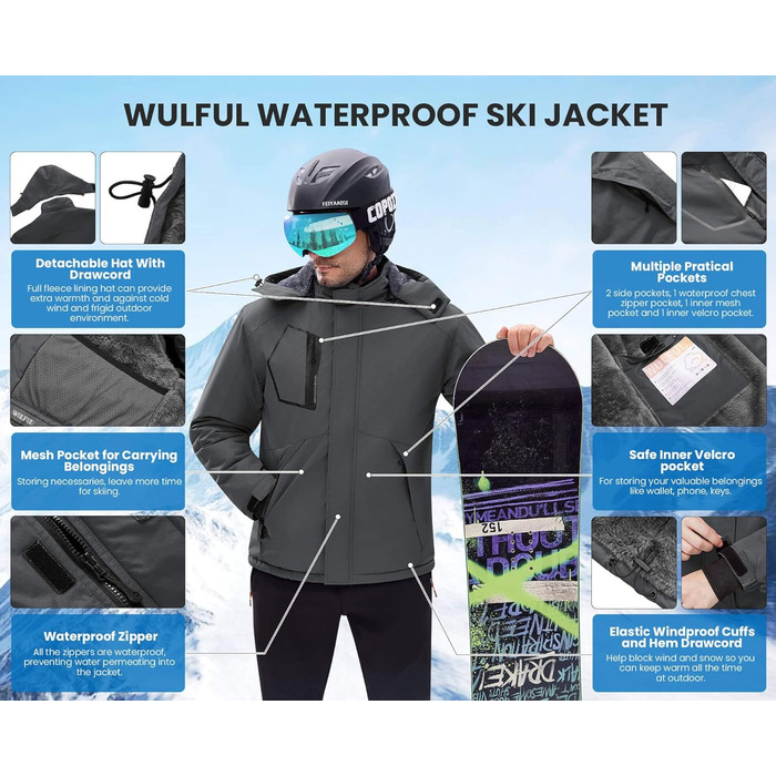 Чоловіча водонепроникна лижна куртка WUFU, тепла зимова модель, вітрозахист, сірий темний колір (XL)