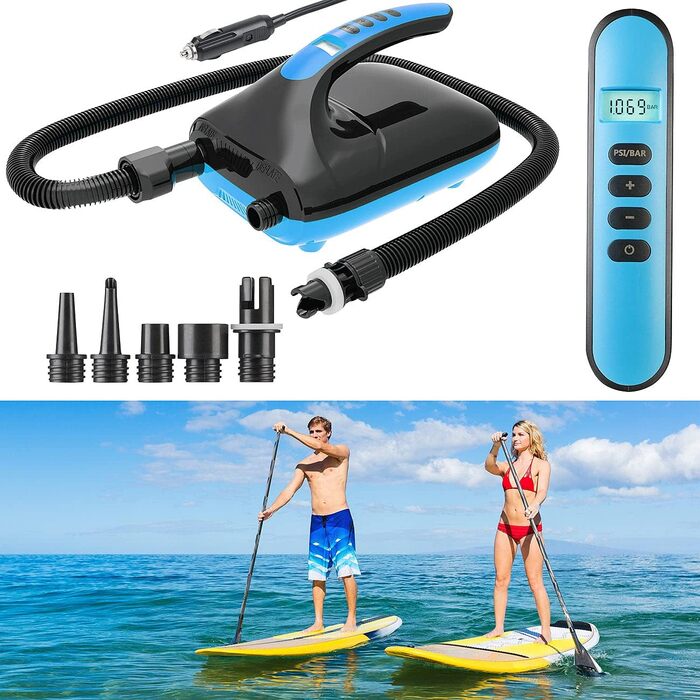 Електрична повітряна помпа для SUP-дошок та човнів AGT, 500 л/хв, з 6 насадками, для надувних човнів та SUP