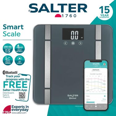 Розумні ваги Salter SA00432GFEU6 для ванної кімнати, Bluetooth, 200 кг, вимірювання ваги, жиру, води, м'язової та кісткової маси, BMI/BMR, 8 профілів, синхронізація з додатком Salter Health, сірі