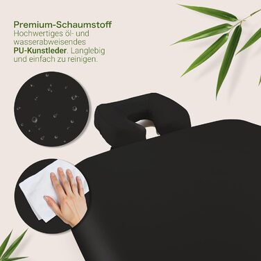Масажне ліжко MASSUNDA Deluxe – мобільне, складне, регульоване по висоті. Широке ліжко з масиву дерева, з підголівником, підлокітниками, подушкою (Чорний)