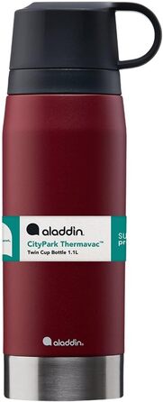 Термос-бутилка Aladdin CityPark Thermavac 1.1 л, нержавіюча сталь, із двома чашками, бордова, BPA FREE, зберігає тепло/холод до 25 годин, герметична, для води та напоїв, придатна для миття в посудомийній машині