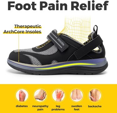 Сндалі для жінок FitVille з широкою колодкою для літніх місяців, модель Mary Jane, з застібкою на липучці (42.5 EU, чорні)