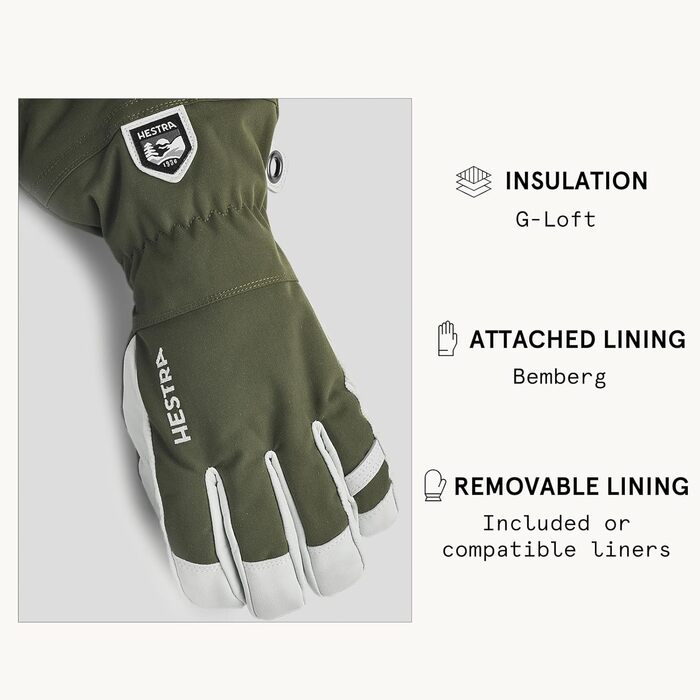 Чоловічі лижні рукавички Hestra Army Leather Heli Ski оливкові, натуральна шкіра, п’яти пальців, розмір 9