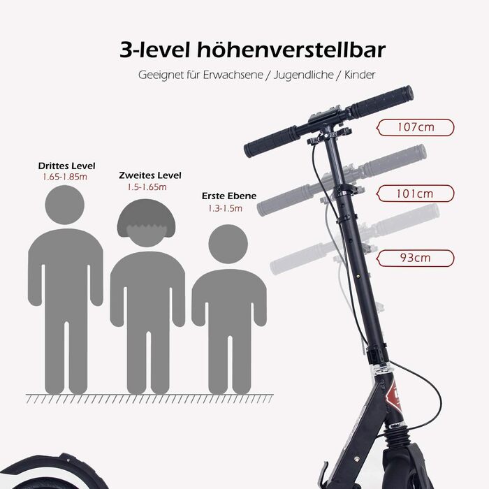 ISE Roller 200mm Big Wheel: Скутер з великим колесом 200 мм, подвійне гальмо, амортизація, складний, для дорослих та дітей, до 100 кг, з ремінним ременем та ручним гальмом, спортивний стиль