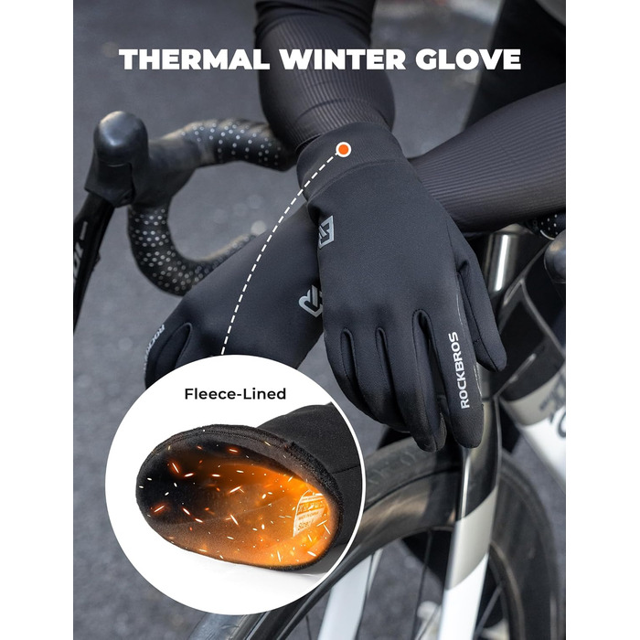 Велосипедні рукавички ROCKBROS для чоловіків та жінок з підтримкою сенсорного екрану, флісова підкладка, антиковзаюча поверхня, для їзди на велосипеді, бігу, піших прогулянок та повсякденного використання, розмір M, чорний
