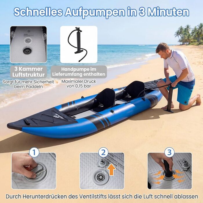 Надувний каяк COSTWAY для 2 осіб з алюмінієвими веслами, EVA-сидінням, насосом та ремкомплектом, блакитний