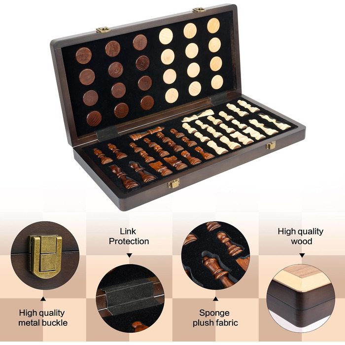 Набір шахів та шашок з дерева 15 дюймів, класичні складані ігри з фетровим внутрішнім відділенням для зберігання, 2 додаткові відсіки для фігурок шашок та шахів