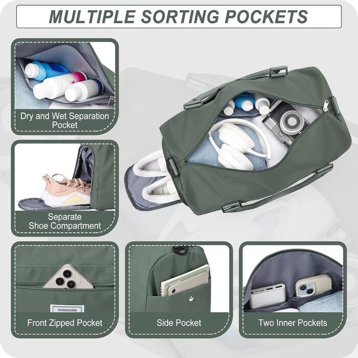 Спортивна сумка HYC00 для жінок та чоловіків: дорожня, для тренувань, з відділенням для мокрого одягу та взуття, армійсько-зелена
