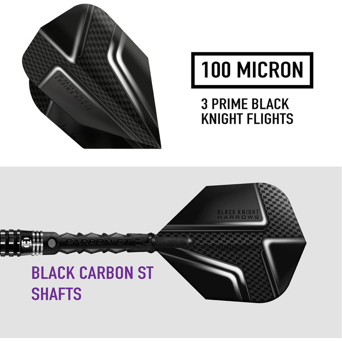 Набір дротиків Harrows Black Knight 90% вольфрам, 22-25 г, сталевий наконечник, Black Carbon ST Midi, Micron Black Knight Flights