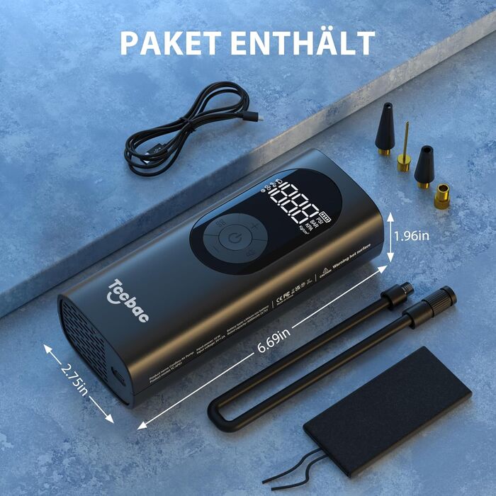 Електричний насос для велосипедів, авто і мотоциклів 6000mAh, 150PSI, з LED підсвіткою та цифровим манометром