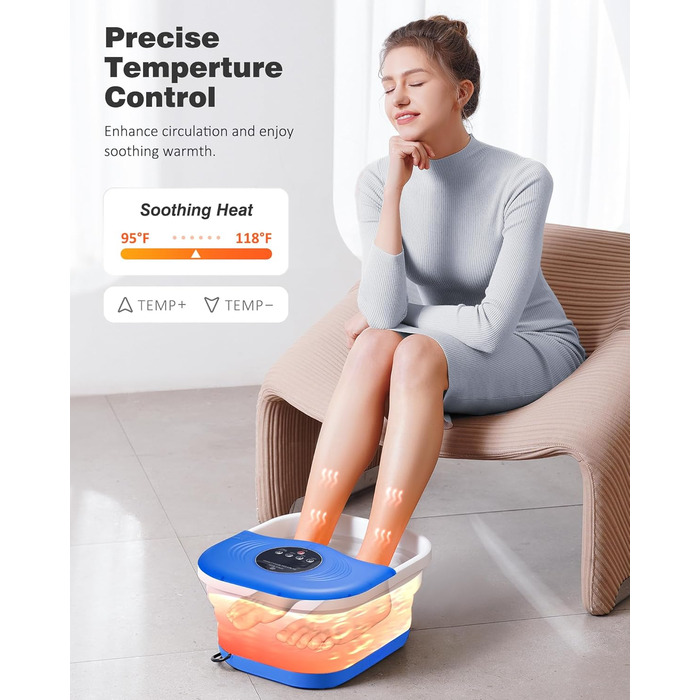 Ванночка для ніг з масажем та підігрівом, таймером – складана ванночка з бульбашками та пемзою, масажер для ніг з водою та 8 роликів – ідеальний подарунок (Блакитний)