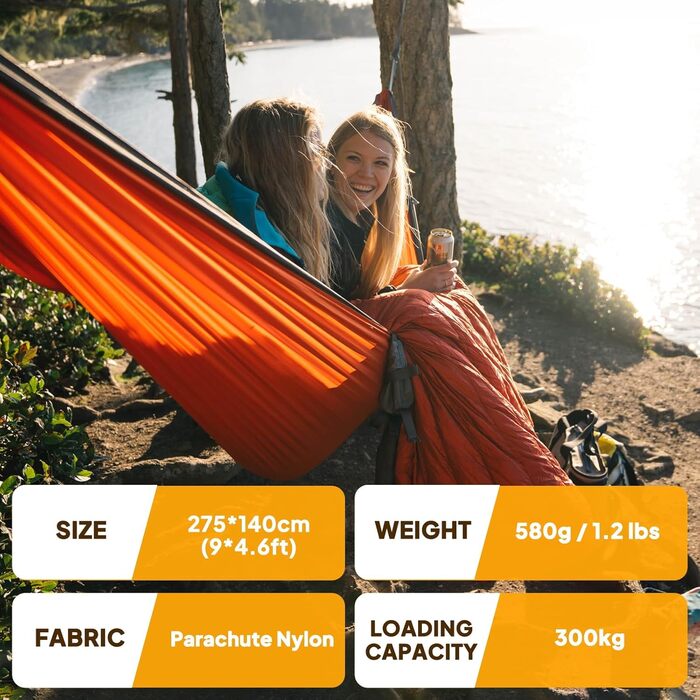 Гамак для кемпінгу NATUREFUN Ultraleicht | 300 кг, 275 x 140 см, дихаючий, швидковисихаючий, для відпочинку вдома, на природі, у саду (помаранчевий/сірий)