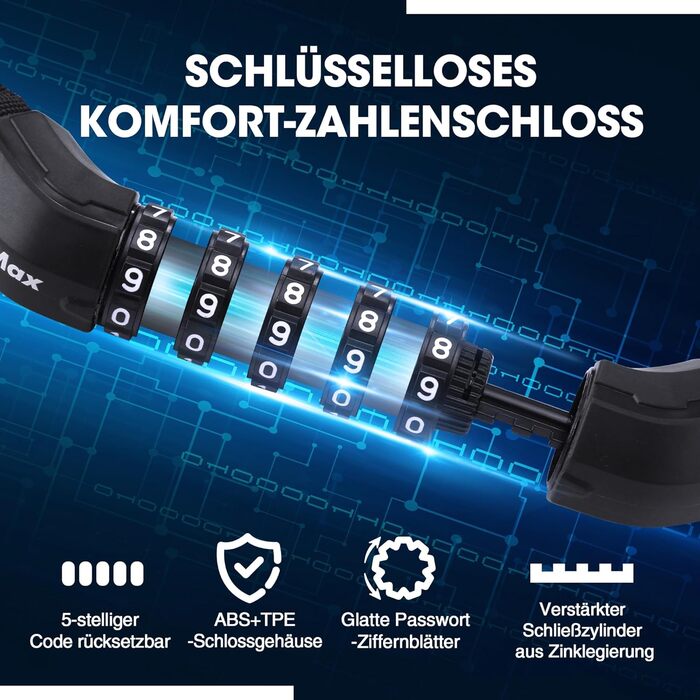 Замок для велосипеда ValueMax з кодовим замком, 100 см, 5-значний код, сталевий ланцюг 8 мм, чорний/білий