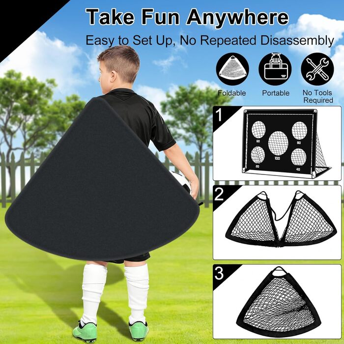 Дитячі ворота для футболу 2-в-1, 150x120 см, портативні та стабільні, 5 цілей, 4 анкера, сумка, для саду, парку, пляжу, чорний