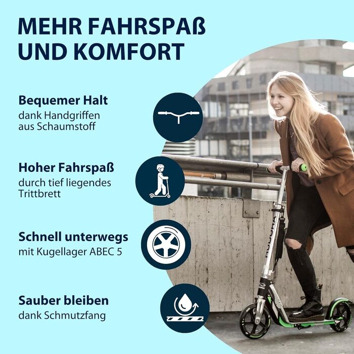 Самокат HUDORA BigWheel 205 алюмінієвий, складаний, регульований, для дітей та дорослих до 100 кг, з підніжкою