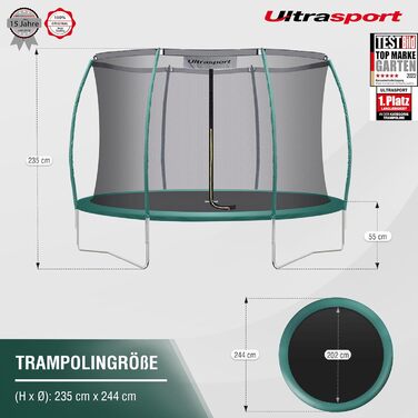 Трамплін Ultrasport Deluxe: Ø 244/305/366/430 см, сертифікований TÜV Rheinland, повний комплект, круглий для саду, з м'якими стійками, сіткою безпеки та захисним бордюром