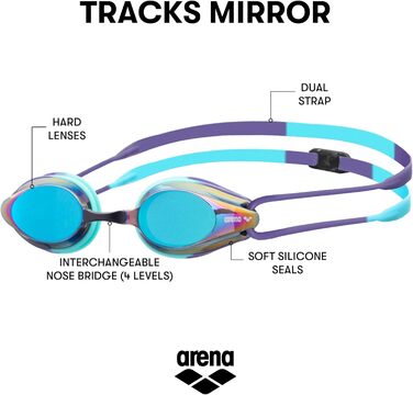 Окуляри для плавання Arena Tracks Uni Essential Racing, для дорослих, з сертифікацією FINA, антизапарник, дзеркальні/не дзеркальні лінзи -1.12, блакитний/темний блакитний
