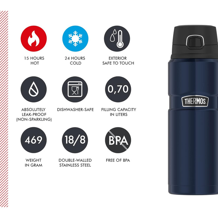 Термос Thermos Stainless King 0,7 л, нержавіюча сталь, синій, герметичний, зручна кришка, зберігає тепло 15 годин/холод 24 години, безпечний, BPA-free