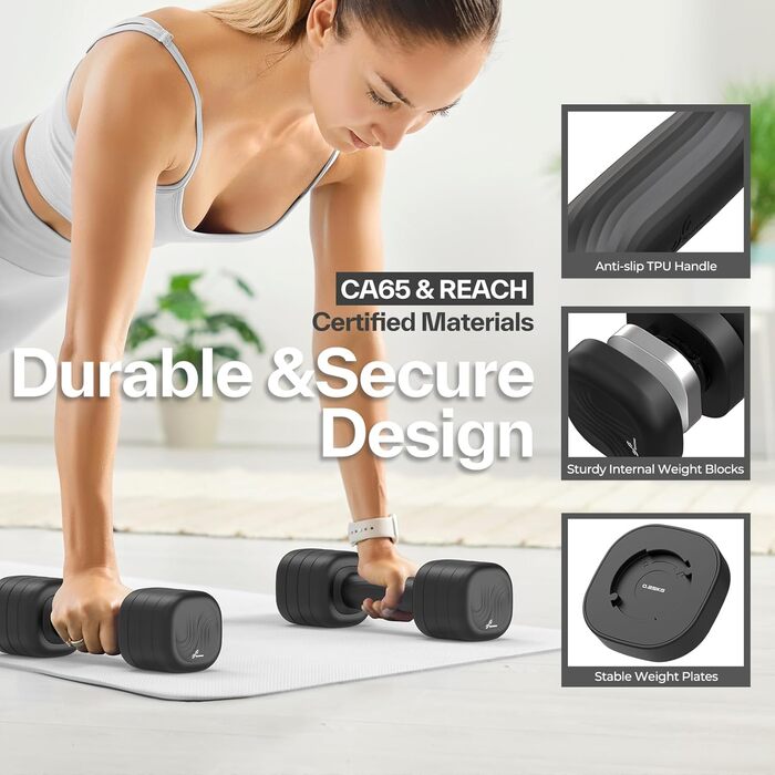 Sportneer Регульовані гантелі для жінок – комплект з 2 гантелей (по 1–2,5 кг) з неслизьким TPU-покриттям, 4-в-1 комплект гантелей для фітнесу вдома, для домашнього спортзалу та силових тренувань, колір: Димчасто-чорний