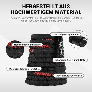 Тренажер Battle Rope MSports Professional Studio Qualität 15 м, 5 см | Серальній тренажер для фітнесу, штанговий тренажер, чорний/червоний