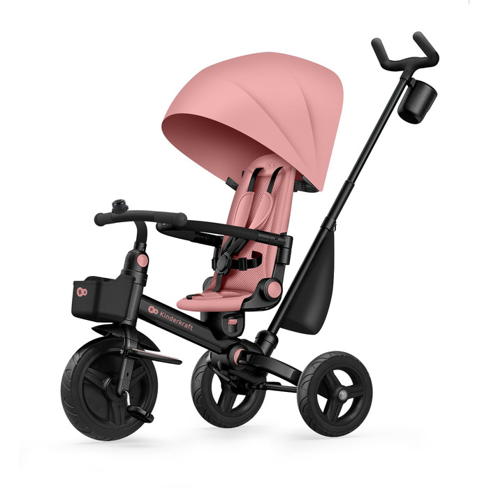 Триколісний велосипед Kinderkraft Aveo для дітей від 9 місяців до 25 кг, з батьківською ручкою, компактно складався, обертовий сидіння, розкладний капюшон з сонцезахистом, з тримачем для напоїв та кошиком, Рожевий