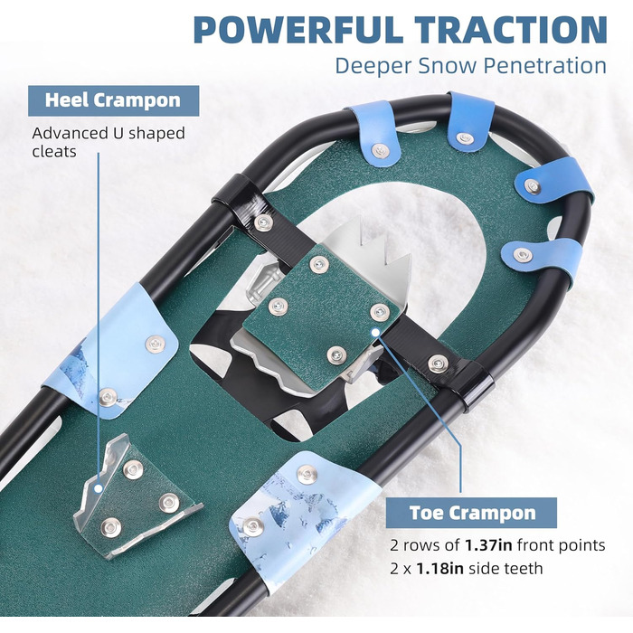Снігоступи AMBIO для чоловіків, жінок та підлітків, легкі алюмінієві снігоступи з сумкою, зелені, розмір 21 дюйм, вантажопідйомність 32-68 кг