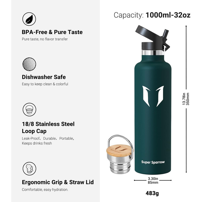 Фляга Super Sparrow з нержавіючої сталі - 350мл/500мл/620мл/750мл/1л - Термос-фляга, без BPA, для дітей, спорту, школи, фітнесу, з 2 кришками (1000 мл, нефрит)