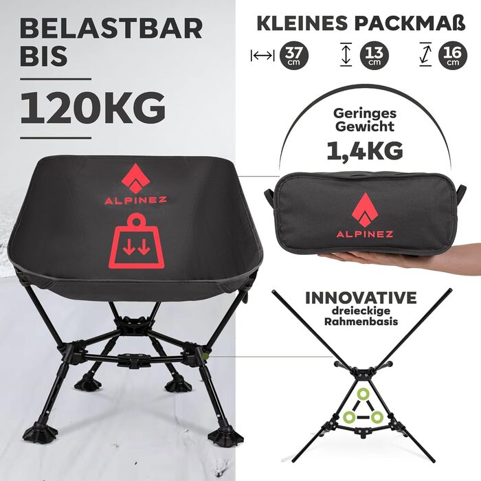 Складний туристичний стілець Alpinez: легкий, регульований по висоті, компактний | для кемпінгу, риболовлі, пляжу. Зелений (Чорний)