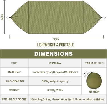 Гамак для відпочинку на природі Ultraleicht 270x140см з москітною сіткою, міцний та довговічний, з сумкою для зберігання. Підходить для саду, кемпінгу, балкону, двору, пляжу