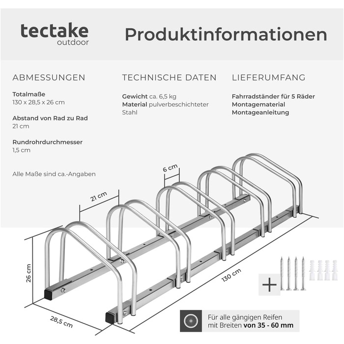 Підставка для велосипедів tectake®: для 4-5 велосипедів, електровелосипедів, гараж, стійка на підлозі або стіні