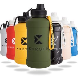 Фляга для води Khroom Edelstahl 1.3L та 2.2L: нержавіюча сталь, для газованих напоїв, без витоку, придатна для миття в посудомийній машині, одностінна, без BPA | Металева фляга для активного відпочинку | Спортивна пляшка для води 1 літр, 1300 мл, зелено-чорна