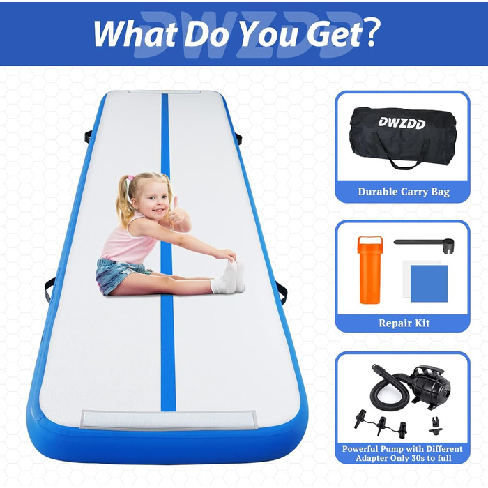 Гімнастичний надувний мат Dwzdd Air Matte Track, 3 м/4 м/5 м/6 м. Дитяча гімнастична мата для дому, фітнес-залу, тренувань, чеерлідингу. Біло-блакитна, 300x100x10 см