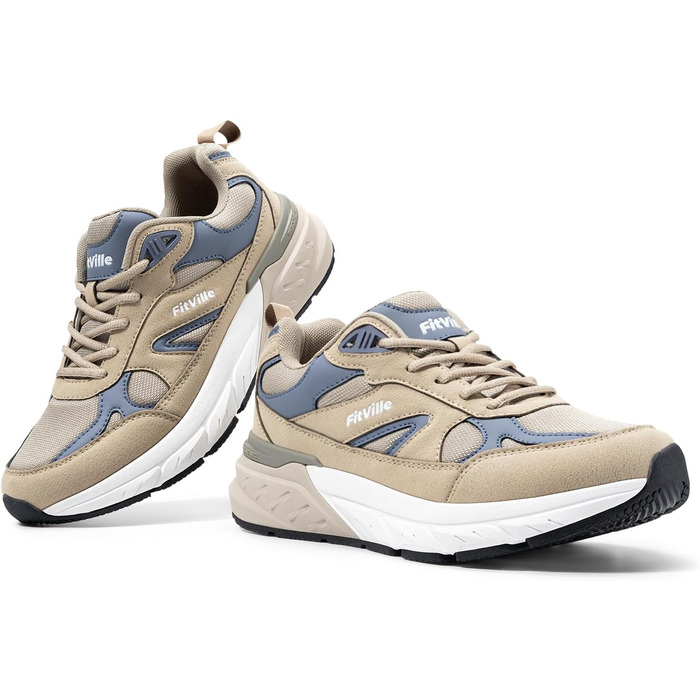 Кросівки FitVille для чоловіків, широкі, для бігу та занять спортом. Зручні кросівки з антиковзкою підошвою, дихаючі, для бігу по вулицях, на природі, для джогінгу, фітнесу та ходьби. Широкі кросівки для широкої стопи (50 EU X-широкі, бежеві з синім)